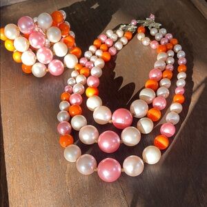 Pearl-Style Bead Necklace & Bracelet Set in Pink, White & Orange